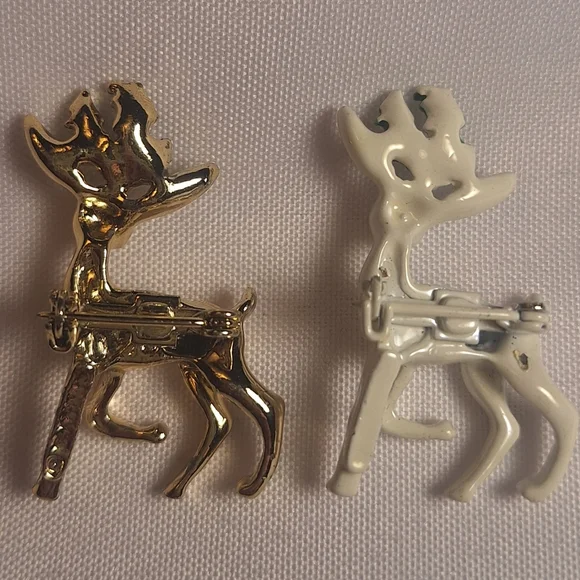 2 Gerrys Vintage Christmas Reindeer Pair Pin Brooch Iridescent Enamel & Goldtone - Picture 3 of 6